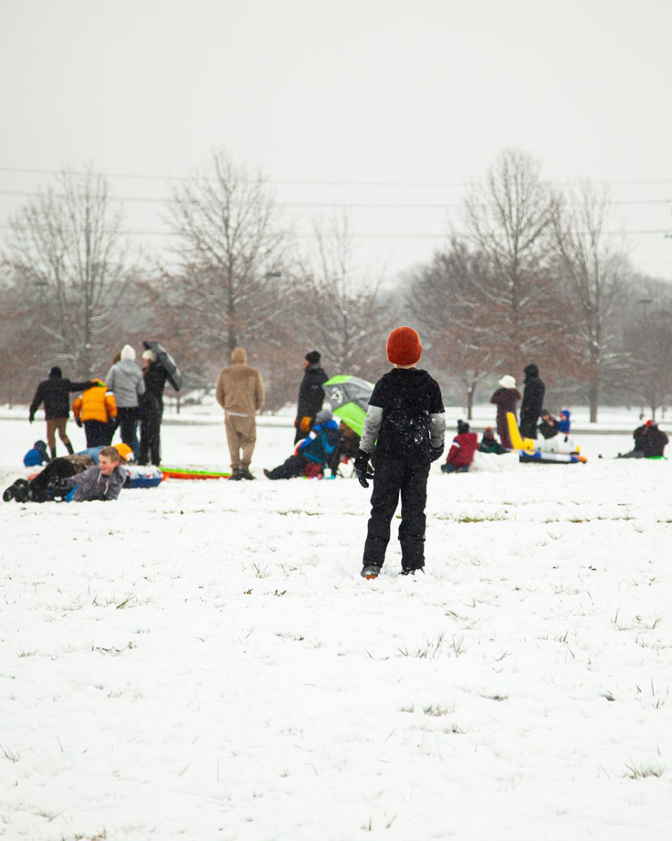 A snow-covered friend observes some frozen antics in Murfreesboro, Tennessee, on Jan. 10, 2025.