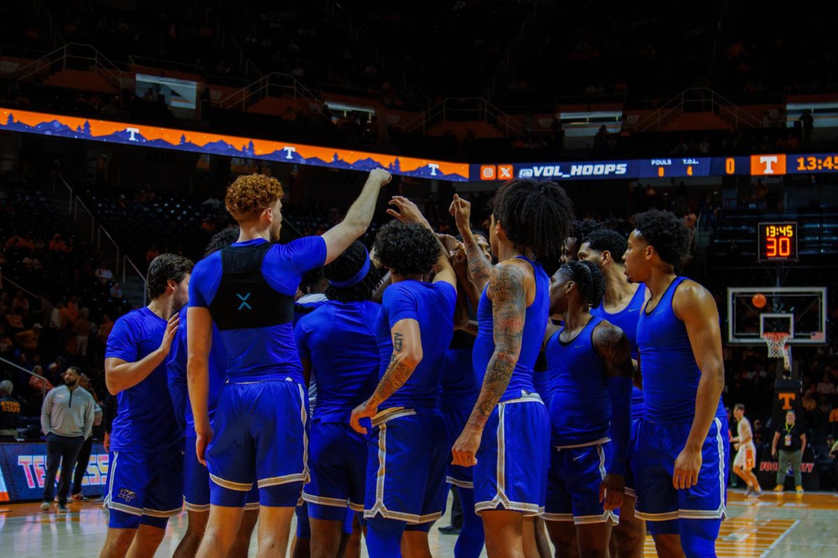 MTSU's men's basketball team breaks from huddle. (12-23-2024)