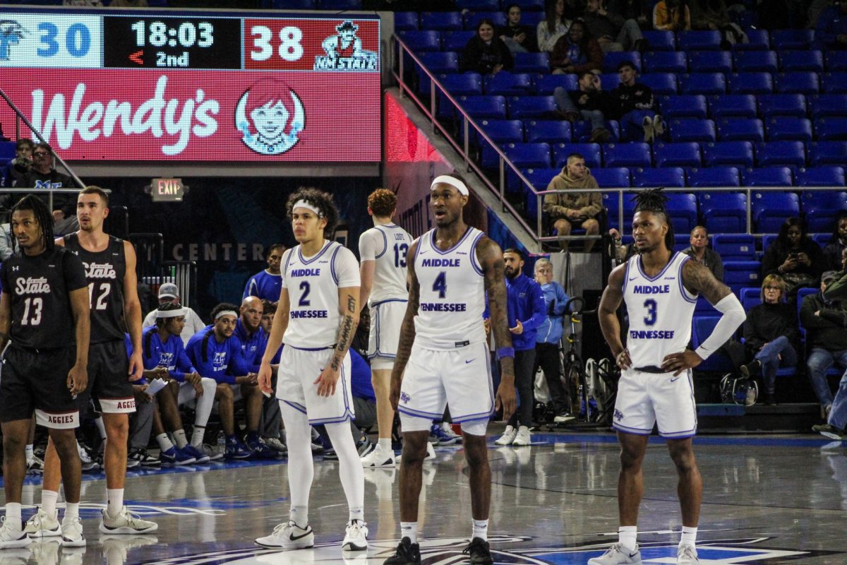 MTSU's defense stands at the ready against New Mexico State in the Murphy Center on Jan. 30, 2025