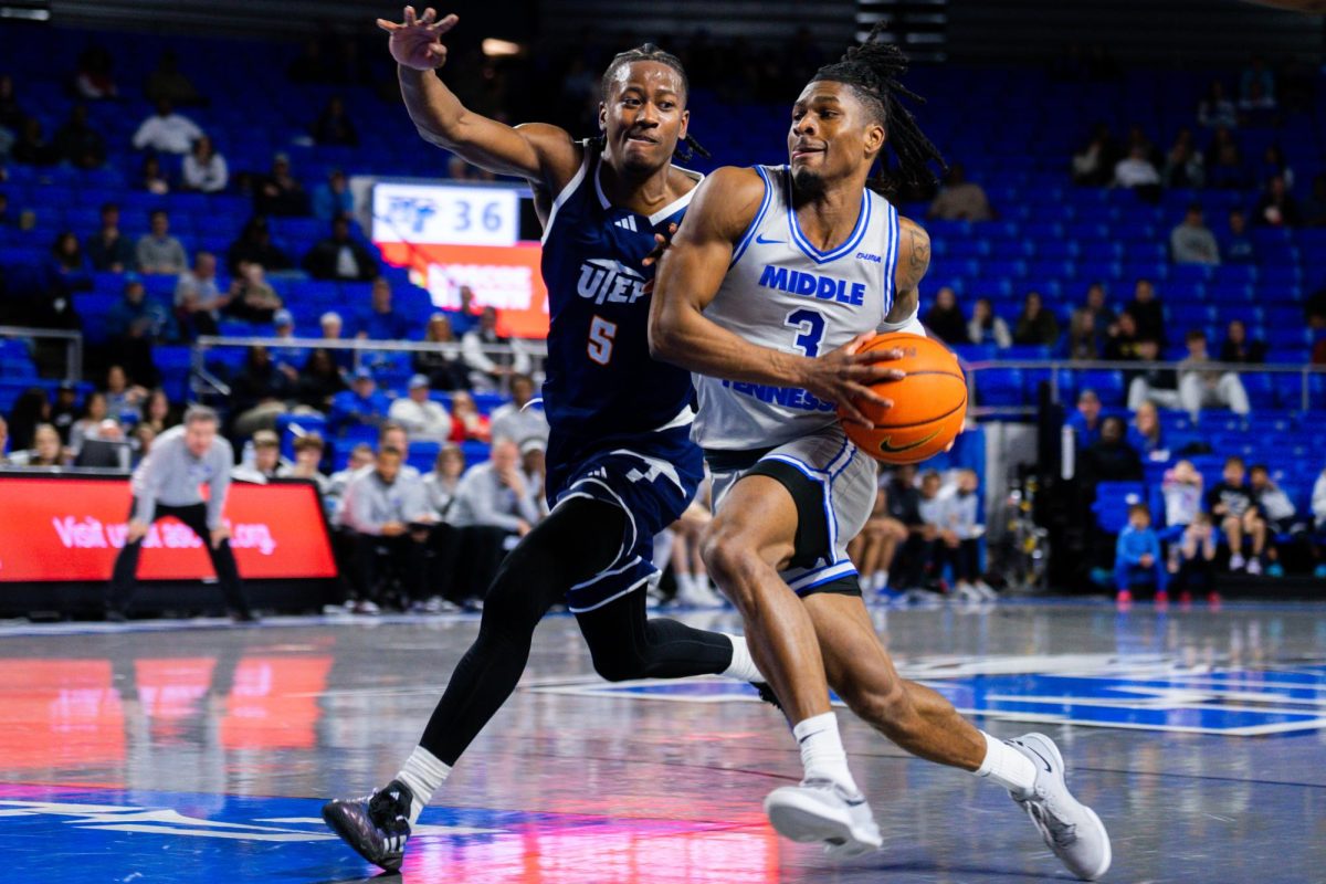 Jestin Porter drives in for a layup against UTEP in the Murphy Center on Feb. 1, 2025.