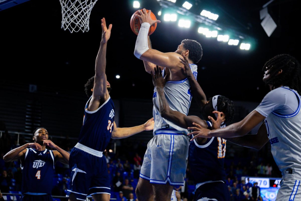 Essam Mostafa goes up for two against UTEP in the Murphy Center on Feb. 1, 2025.