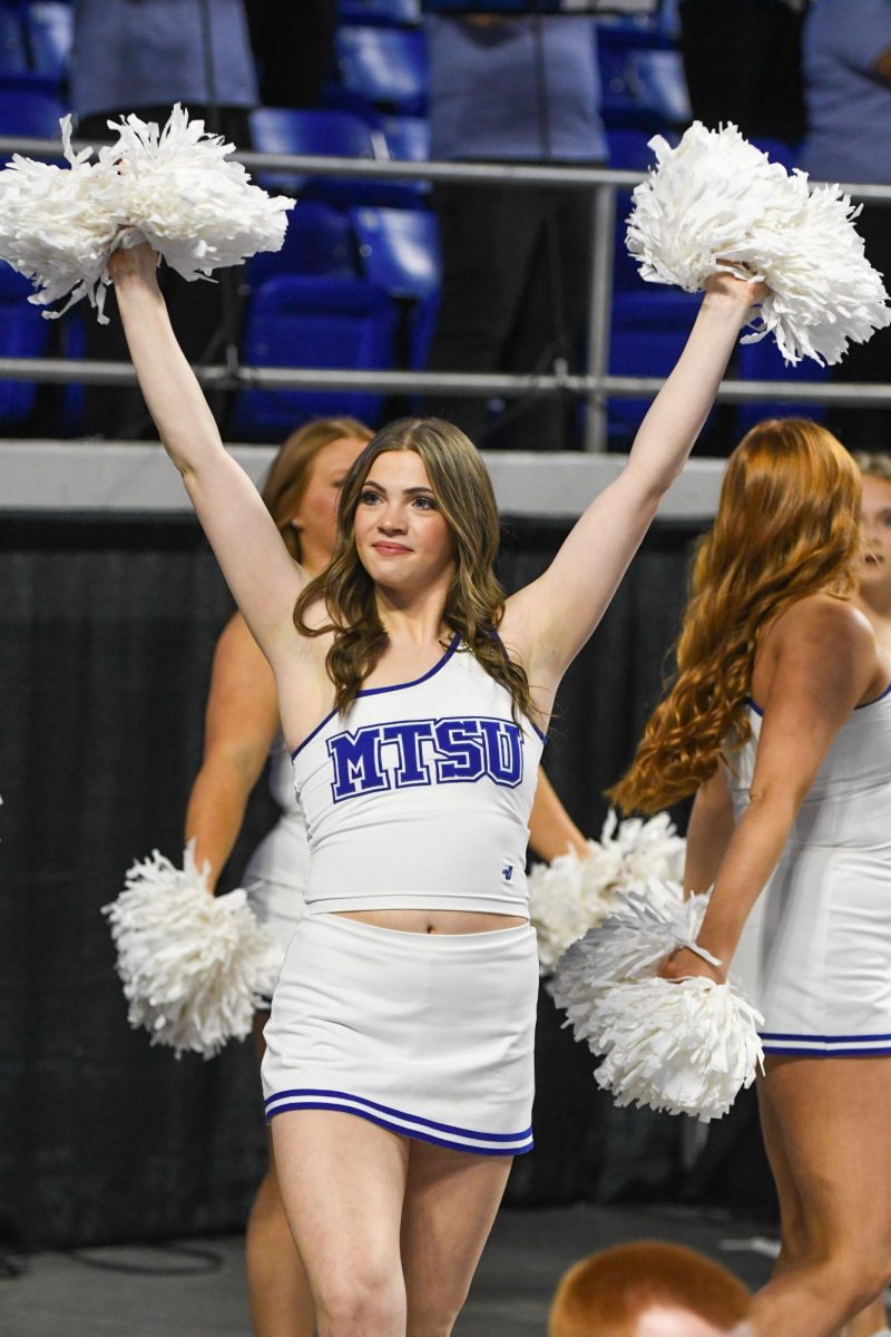 An MTSU dancer cheers for the women's basketball team in the Murphy Center on Feb. 6, 2025. 