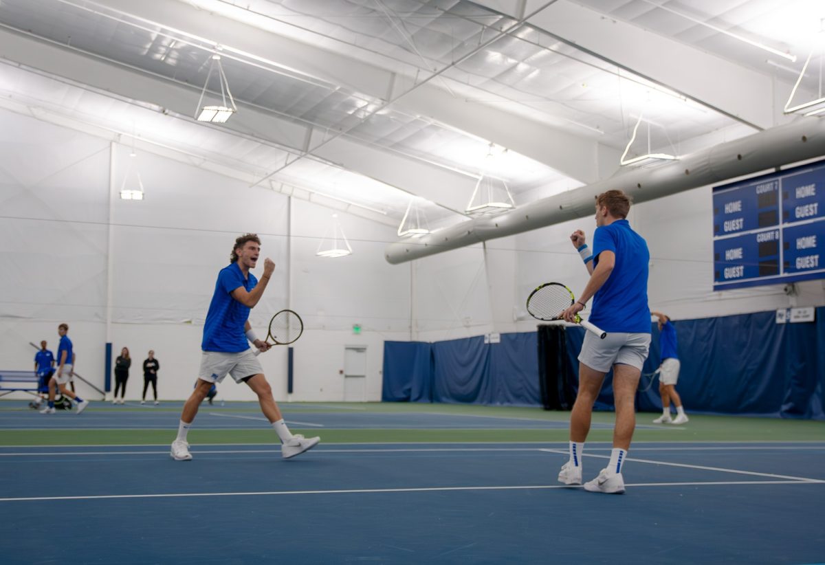 Karim Al-Amin (left) celebrates with doubles partner Ondrej Horak (right) following a point against Arkansas at the Adams Tennis Complex on Feb. 9, 2025.