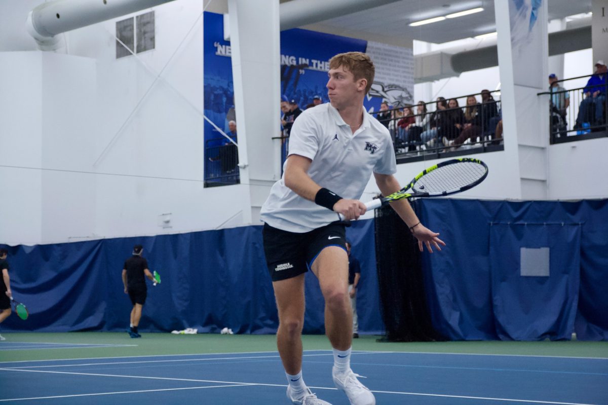 Ondrej Horak goes after the ball against Vanderbilt on Feb. 5, 2025 at the Adams Tennis Complex.