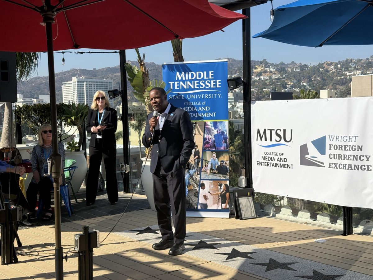 MTSU President Sidney McPhee gives a speech at the alumni reception event in Los Angeles on Feb. 1, 2025.