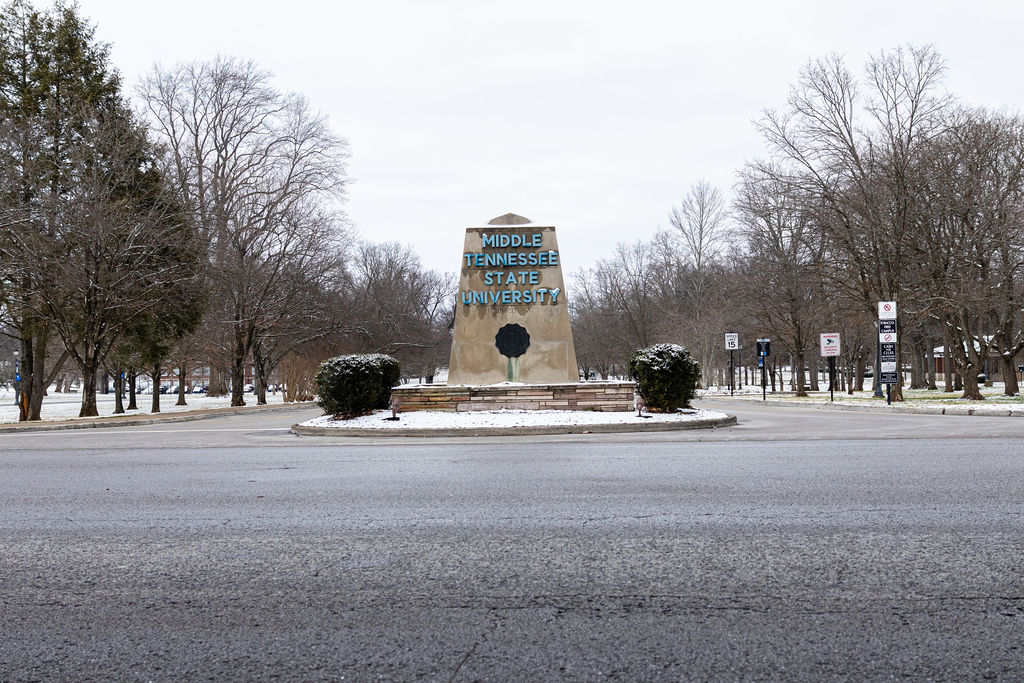 MTSU's entrance after a snowfall in Murfreesboro, Tennessee, on Feb. 19, 2025.