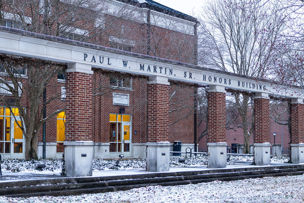 The Paul W. Martin Sr. Honors Building in the snow at MTSU in Murfreesboro, Tennessee, on Feb. 19, 2025.