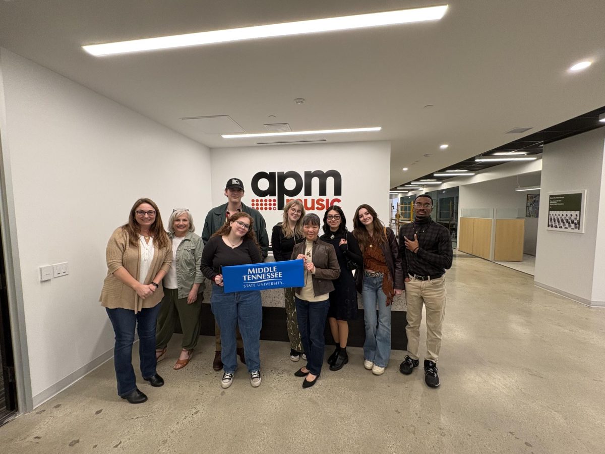 Students visit APM Music, a sync licensing company, in Los Angeles on Jan. 30, 2025.