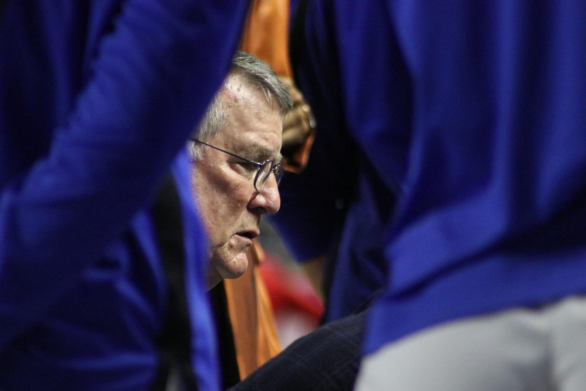 Head coach Rick Insell coaches the Lady Raiders during a timeout against Western Kentucky at the Murphy Center on Feb. 15, 2025.