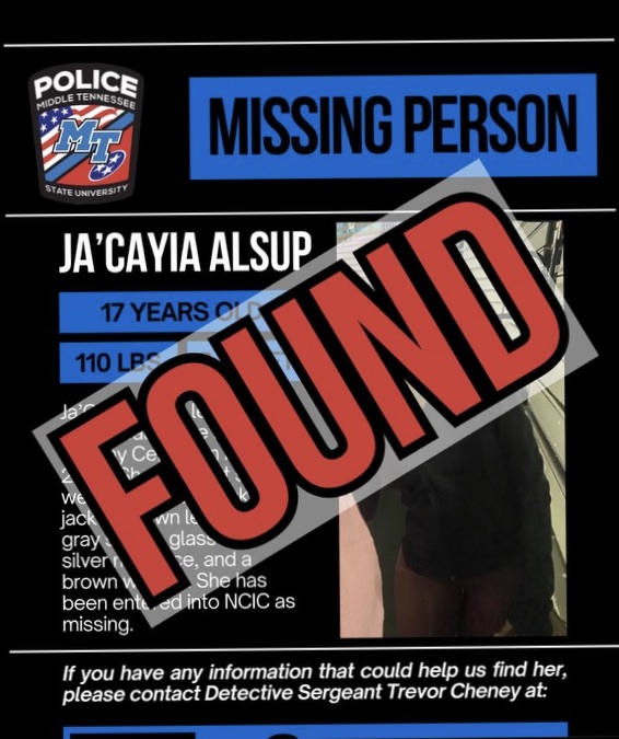 Poster of missing teen, Ja'Cayia Alsup. Photo taken the night she was reported missing via MTSU Police Department on Feb. 13, 2025.