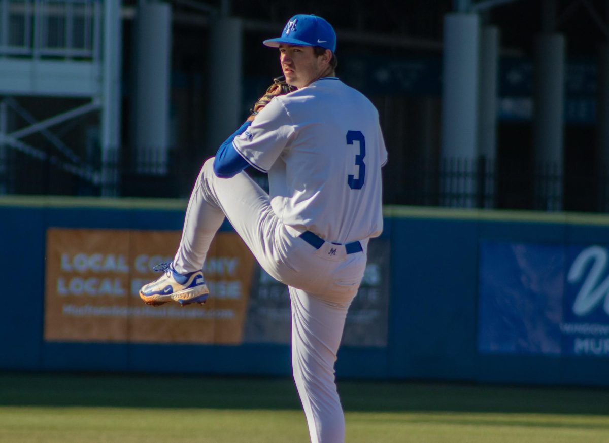 MTSU pitcher Trace Phillips winds up against FDU at Reese Smith Jr. Field on Feb. 21, 2025