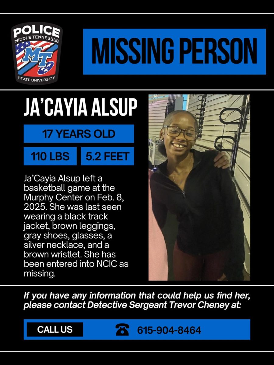 Poster of missing youth, Ja'Cayia Alsup. Photo taken the night she was reported missing via MTSU Police Department on Feb. 13, 2025.