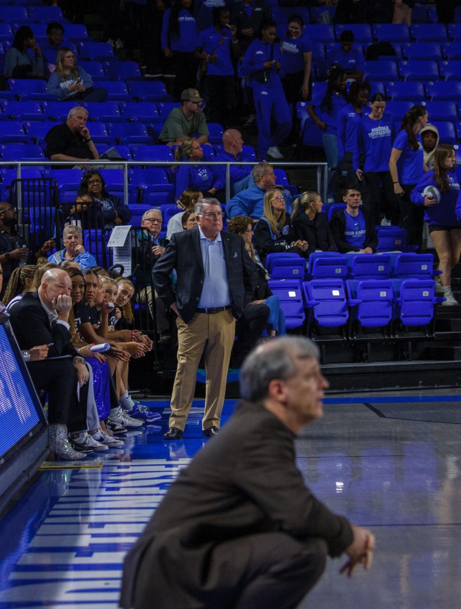 Head coach Rick Insell looks after the team with his opponent, Rick Pietri nearby.  in the Murphy Center on Feb. 7, 2025. 