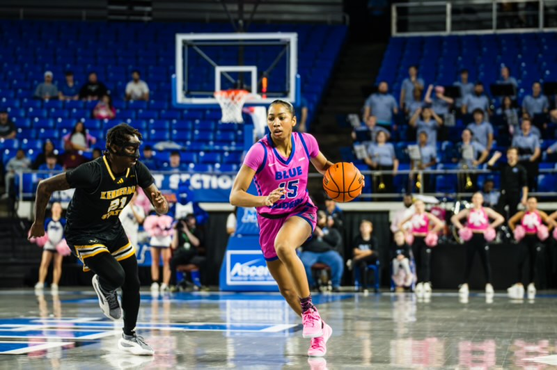 Ta'Mia Scott dribbles down court against Kennesaw State in the Murphy Center on Feb. 8, 2024.