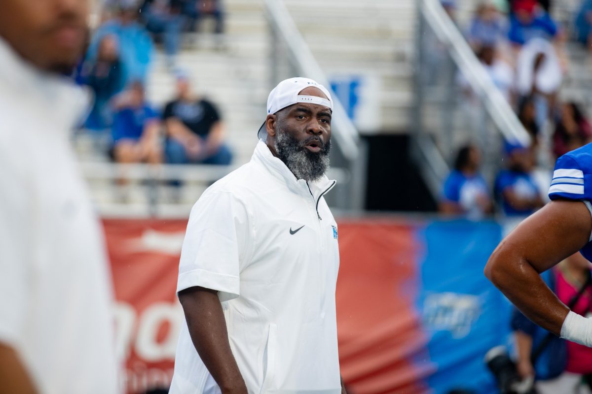 MTSU offensive line coach Kendall Simmons during a homecoming game against Duke in Floyd Stadium on Sep. 21, 2024.