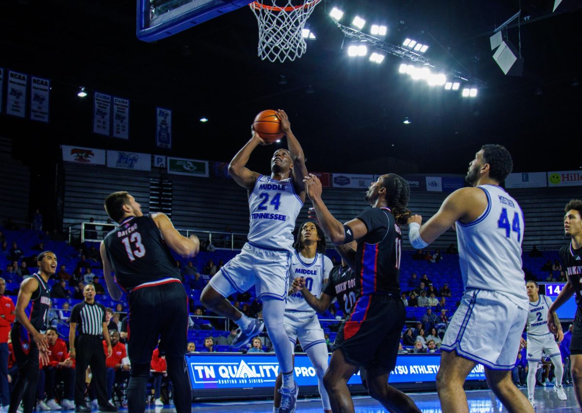 Camryn Weston jumps towards the basket in Murfreesboro, Tennessee, on Feb. 20, 2025. 