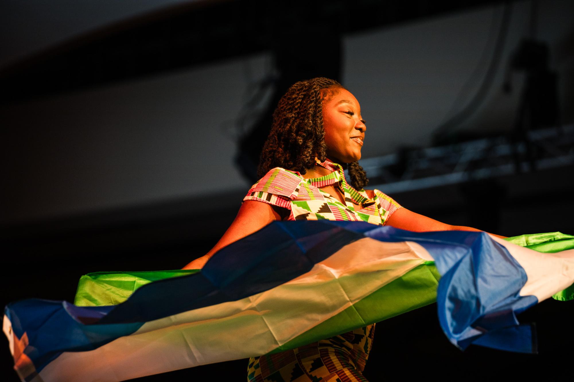 Kadiatu Gassama glows at the Night in Africa fashion show at MTSU on Feb. 27, 2025.