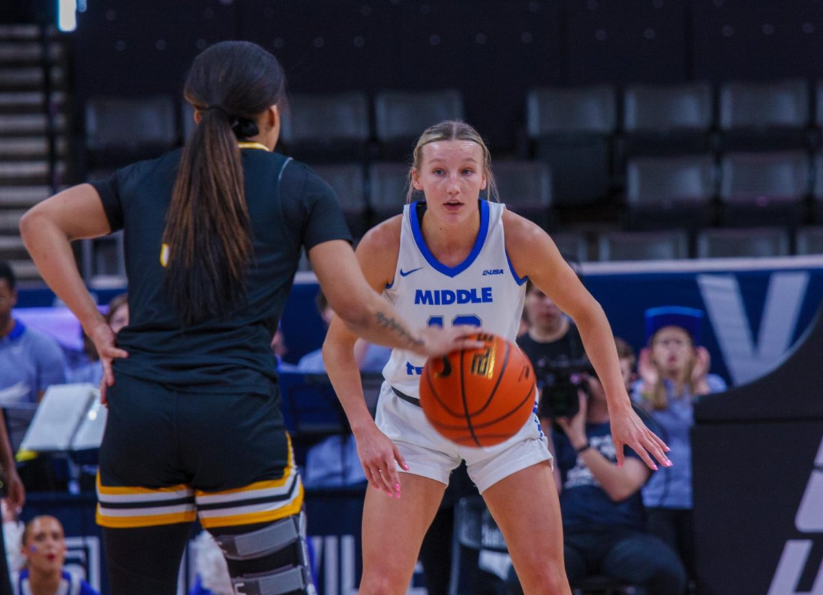 Jalynn Gregory defended against her opponent from KSU at the Von Braun Center, on March 12, 2025.