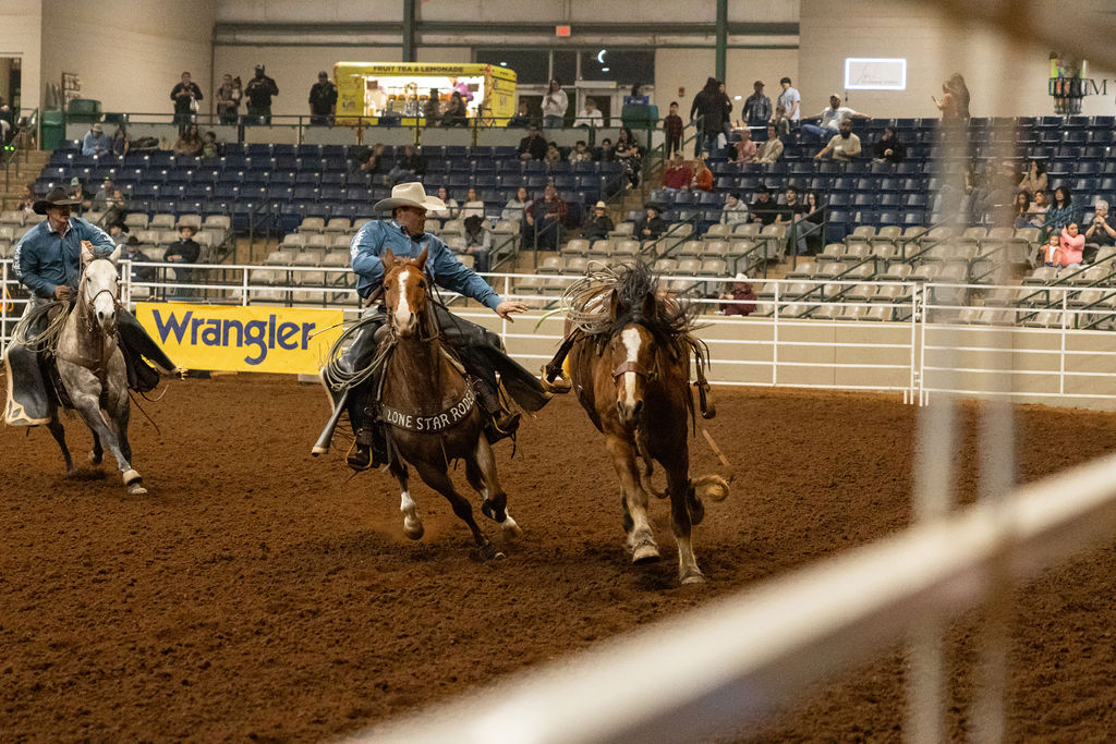 Wranglers catch a wild bucking horse after its run at the CFRC Rodeo at Tennessee Miller Coliseum in Murfreesboro, Tennessee, on Feb. 28, 2025.