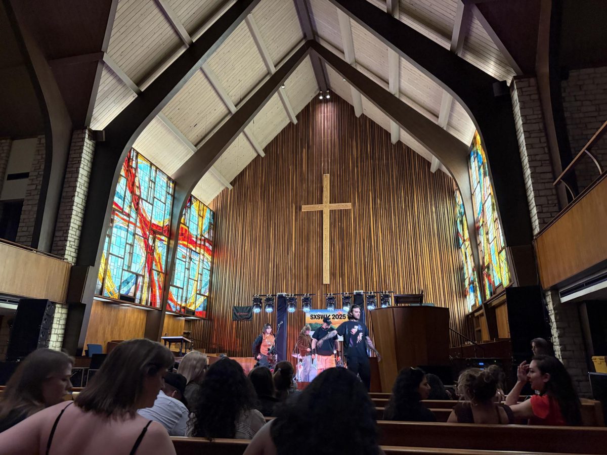 The crew sets up for a SXSW show at Central Presbyterian Church in Austin, Texas, on March 13, 2025.