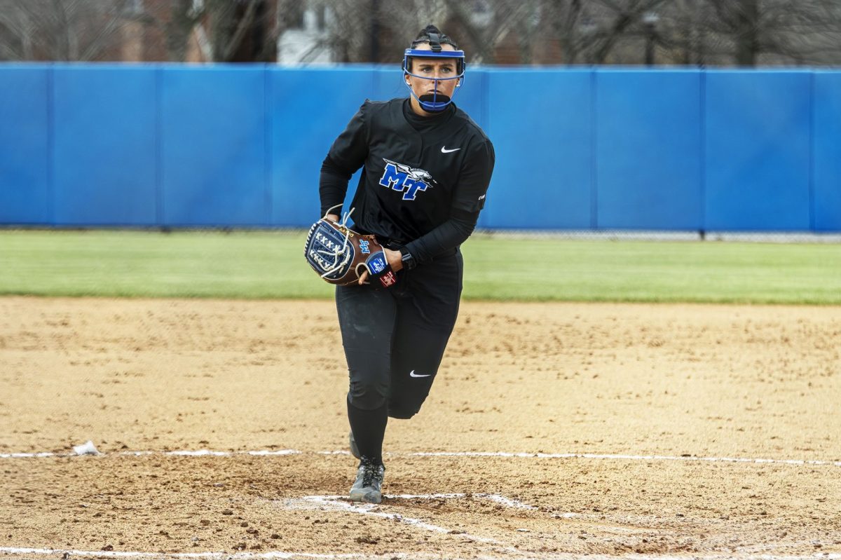 Mary Martinez winds up to pitch during the MTSU Invitational at Middle Tennessee State University on March 1, 2025.