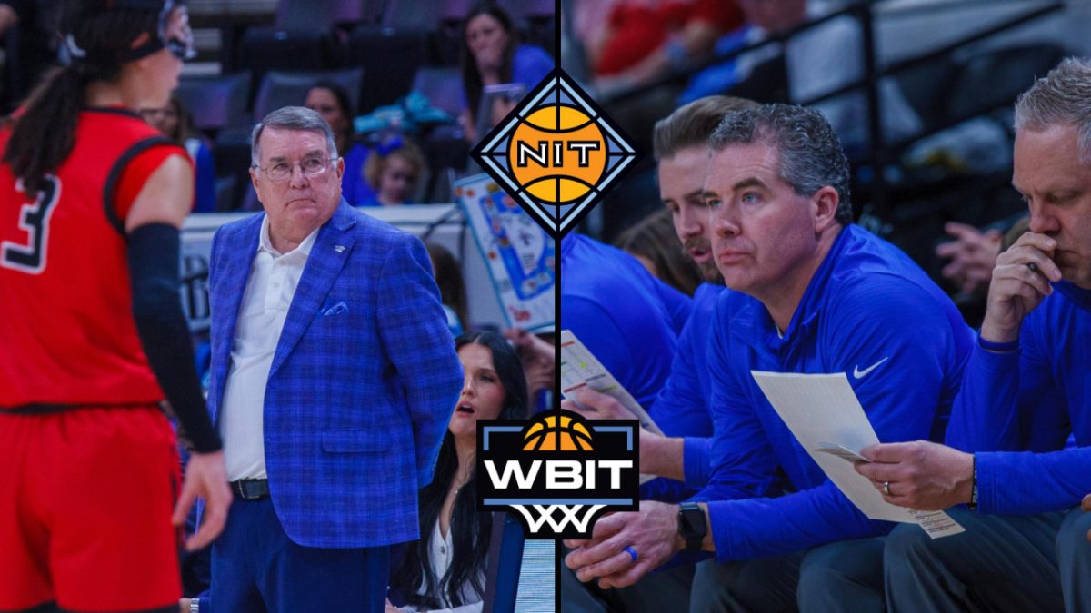 MTSU women's basketball head coach Rick Insell (left) and men's head coach Nick McDevitt (right) in the Conference USA tournament on March 14-15, 2025. 