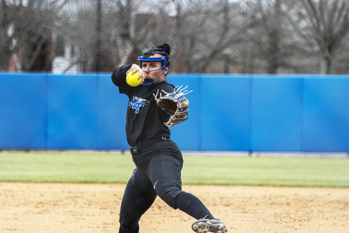 Mary Martinez throws a pitch against Ball State at Blue Raider Softball Field on March 1, 2025.