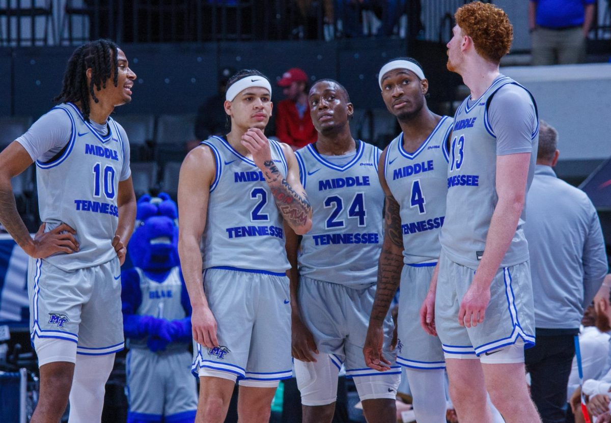 The Blue Raiders rally together at the Von Braun Center, on March 13, 2025.