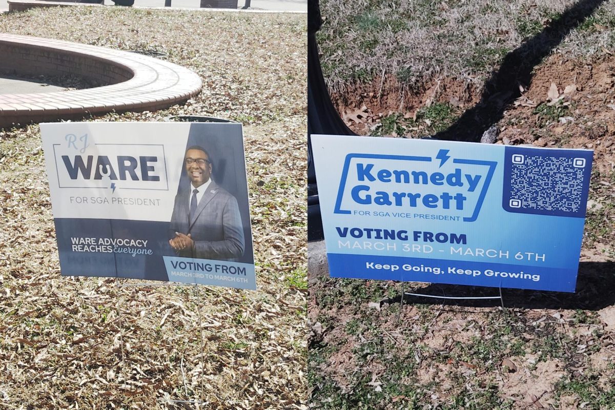 Campaign signs from RJ Ware and Kennedy Garrett on MTSU's campus  in Murfreesboro, Tennessee, on March, 4 2025. (Photo by Kameron Scott)