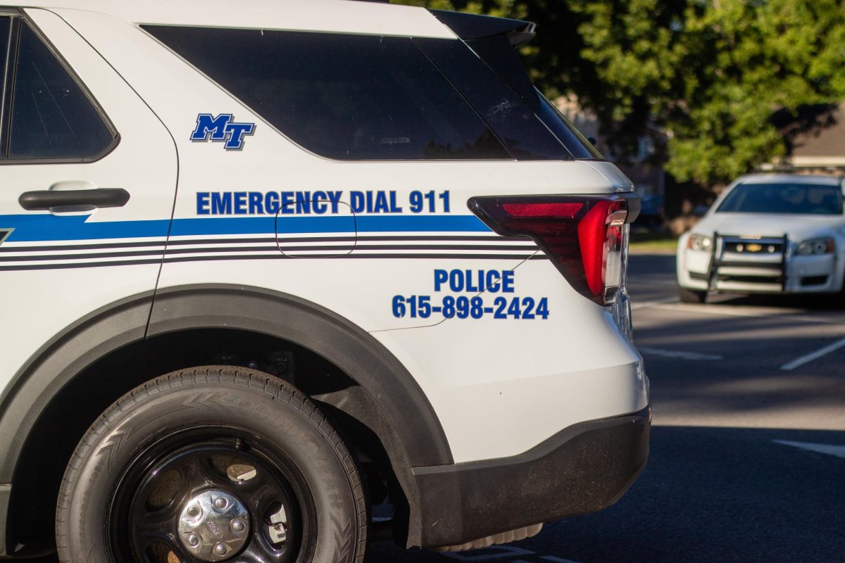 A police cruiser sits behind the MTSU Police Department headquarters on East Main St. on August 30, 2025.