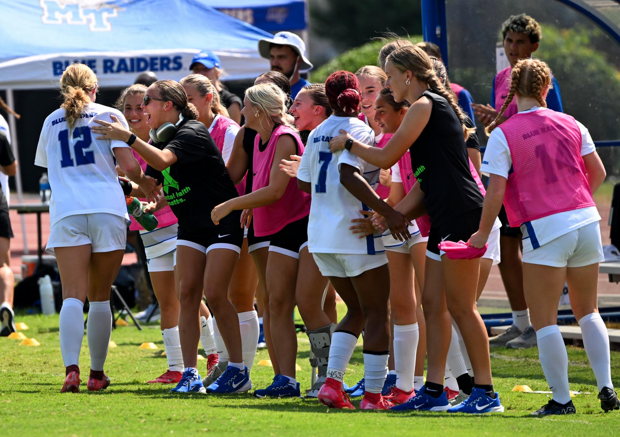 MTSU soccer celebrates after scoring on Aug. 24, 2025