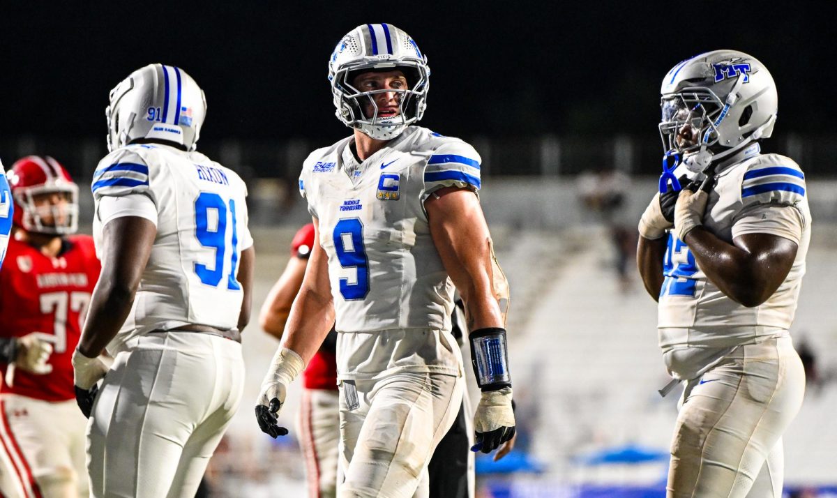 MTSU linebacker Parker Hughes stares into the distance following a late Austin Peay touchdown in a game against at Floyd Stadium on Aug. 30, 2025. 