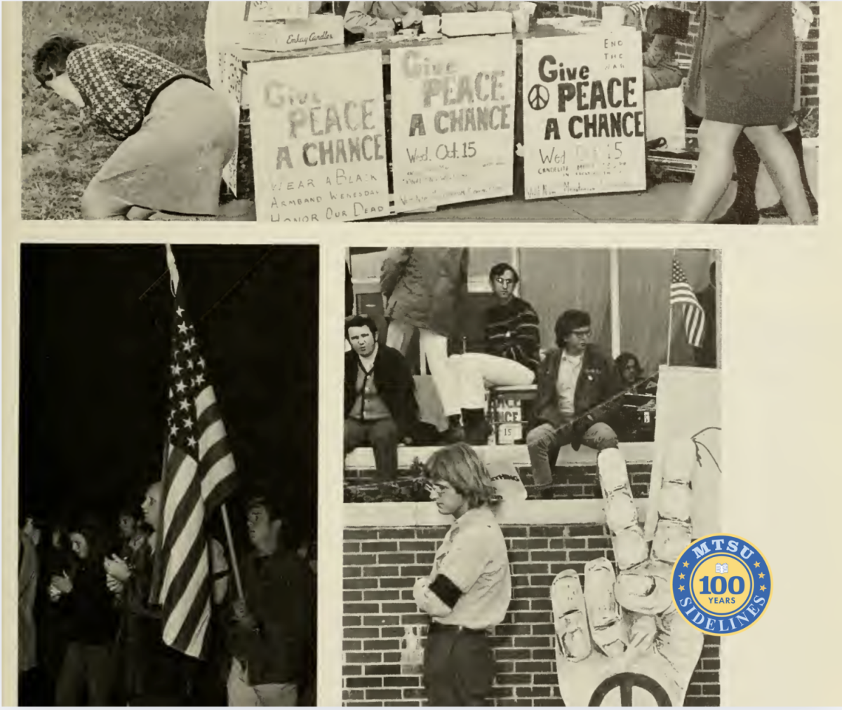 Images of an anti-Vietnam War protest at MTSU on Oct. 15, 1970, in that year's yearbook. 