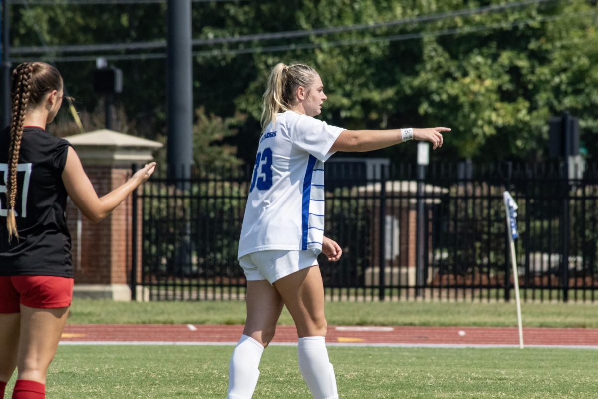 MTSU's Scottie Newton signals to a teammate during a stoppage of play against Jacksonville State, at Dean A. Hayes Track and Soccer Stadium on Sept. 21, 2025.