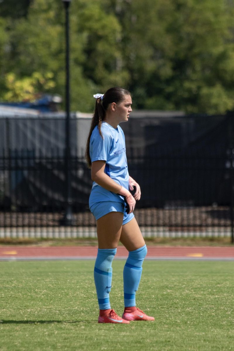 MTSU's Demi Gronauer looks around during a match against Jacksonville State, at Dean A. Hayes Track and Soccer Stadium on Sept. 21, 2025.