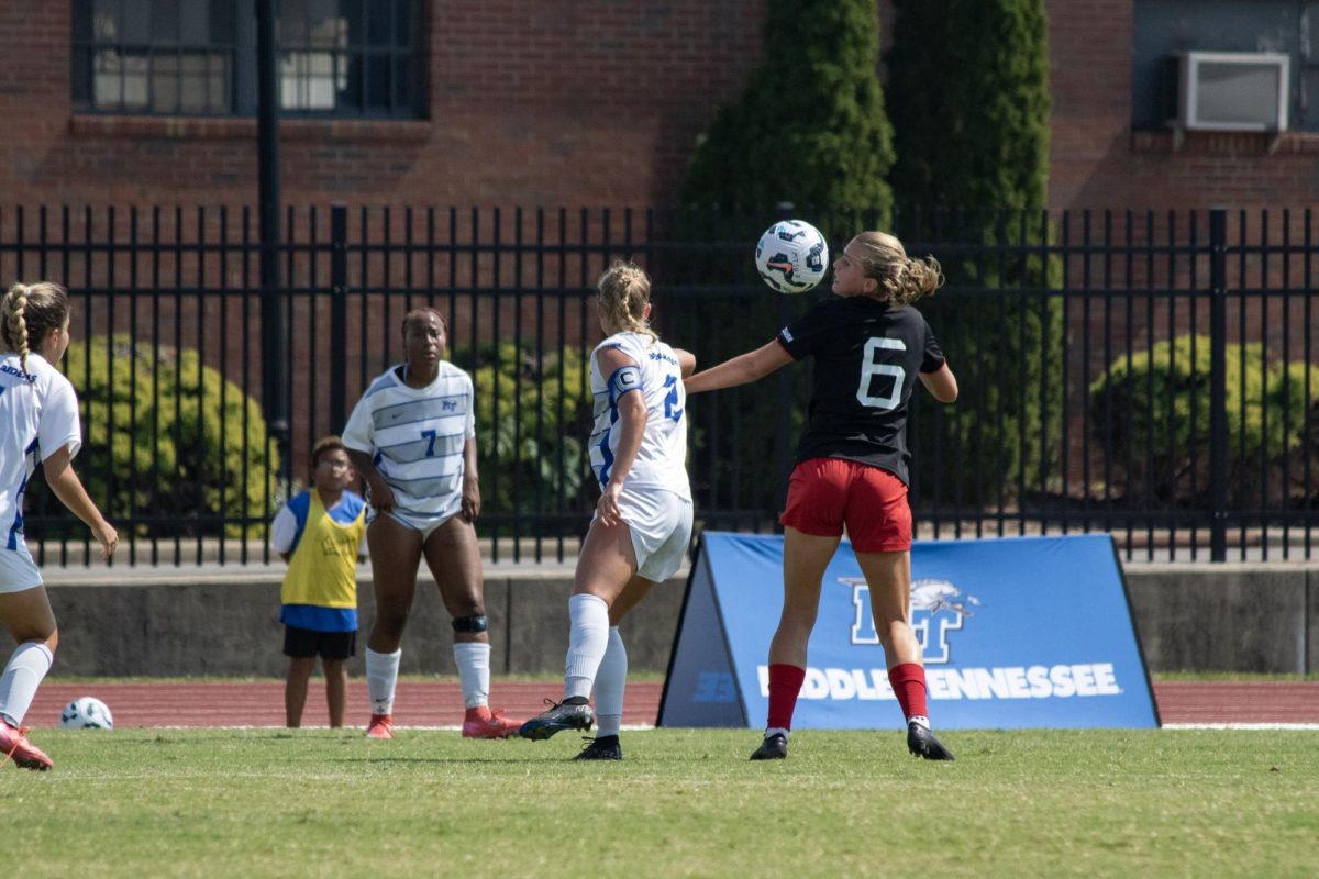 MTSU's Hannah Murphy defends a Jacksonville State player during a match, at Dean A. Hayes Track and Soccer Stadium on Sept. 21, 2025.