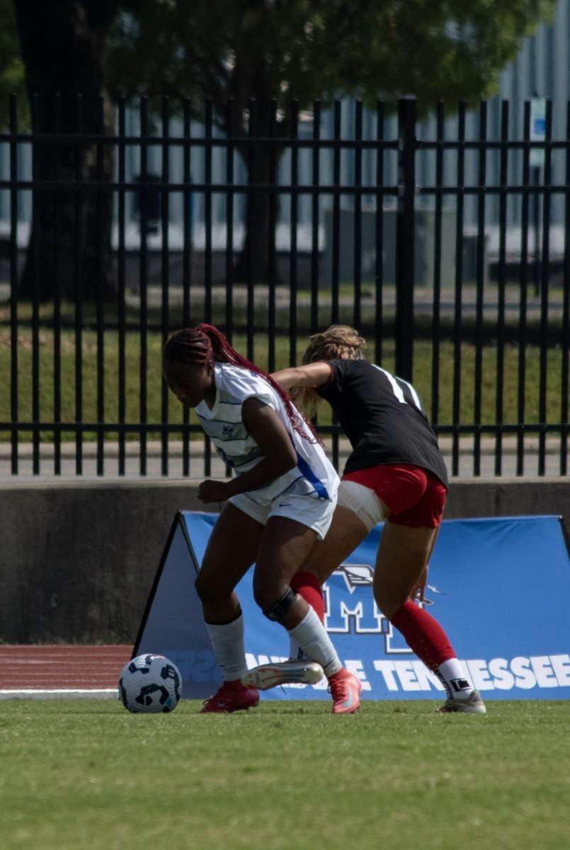 MTSU's Taijah Fraser dribbles past a Jacksonville State defender during a match, at Dean A. Hayes Track and Soccer Stadium on Sept. 21, 2025.