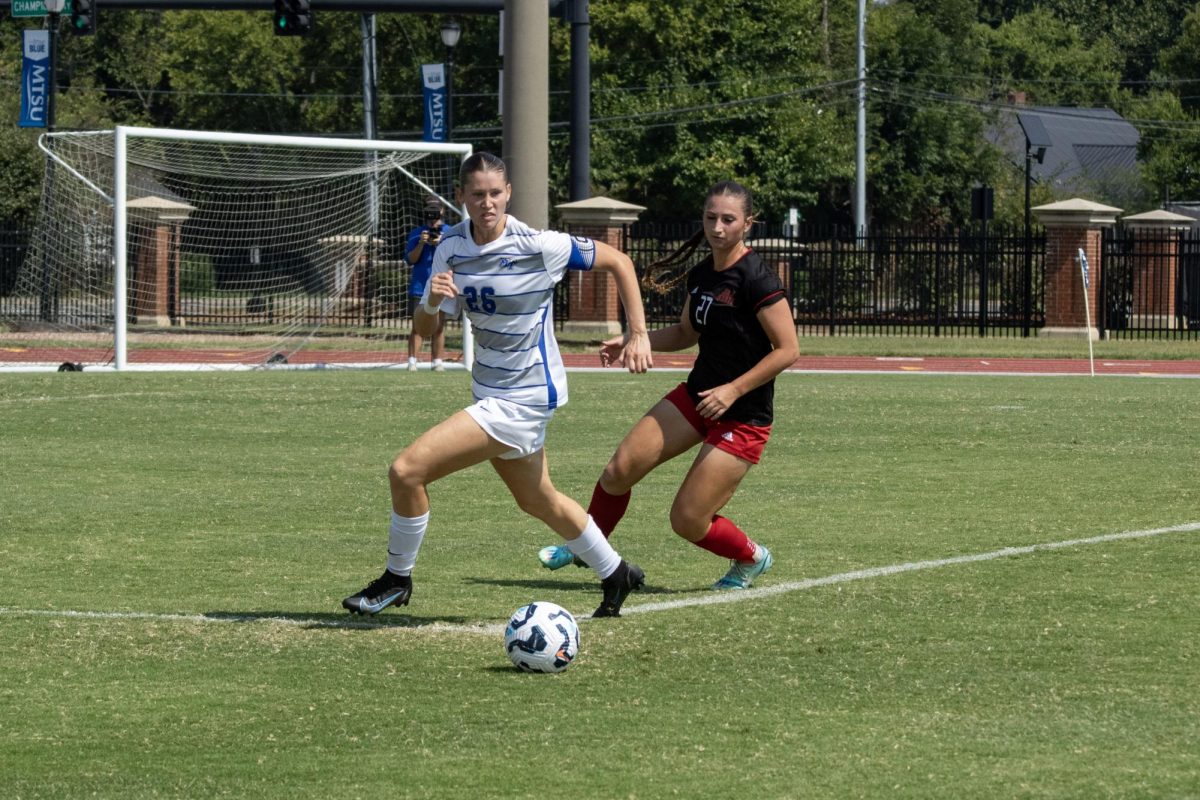 MTSU's Emma Brown races to the ball during a match against Jacksonville State, at Dean A. Hayes Track and Soccer Stadium on Sept. 21, 2025.