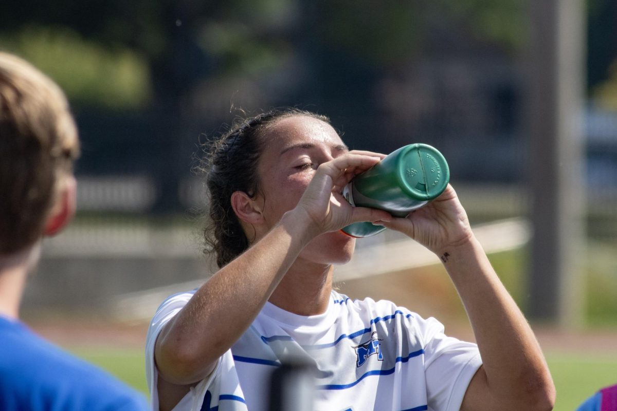 MTSU's Hannah Delaney during a hydration break against Jacksonville State, at Dean A. Hayes Track and Soccer Stadium on Sept. 21, 2025.