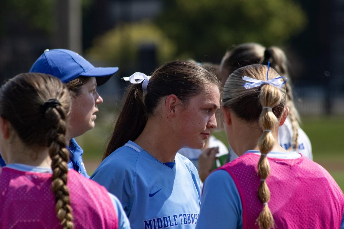 MTSU's Demi Gronauer during a hydration timeout against Jacksonville State, at Dean A. Hayes Track and Soccer Stadium on Sept. 21, 2025.