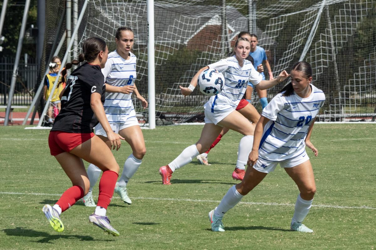 MTSU's Idun Kvaale (20), Hannah Delaney (6) and Scottie Newton (33) look to make a play on the ball during a match against Jacksonville State, at Dean A. Hayes Track and Soccer Stadium on Sept. 21, 2025. 