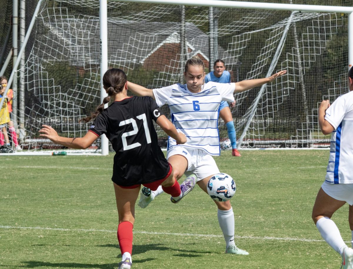 MTSU's Sadie Sterbenz fights for a touch with a Jacksonville State player during a match at Dean A. Hayes Track and Soccer Stadium on Sept. 21, 2025.