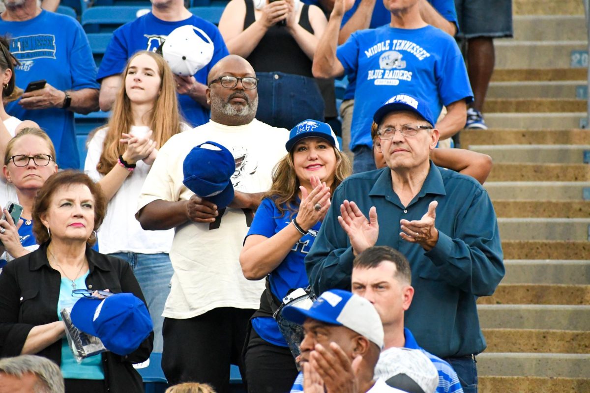 Fans cheering on MTSU and Marshall during a game, at Floyd Stadium on Sept. 20, 2025.