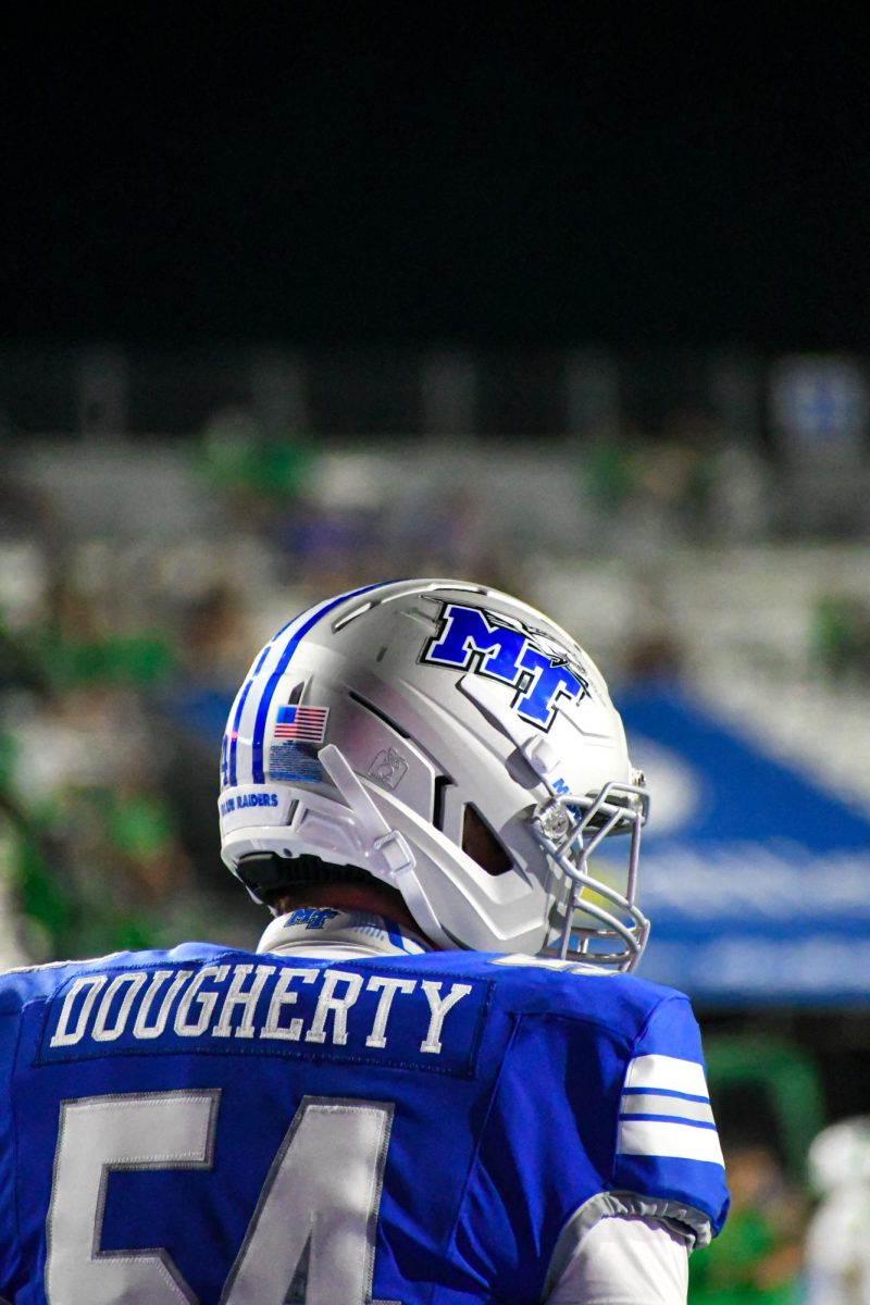 MTSU's Connor Dougherty prepares for matchup with Marshall, at Floyd Stadium on Sept. 20, 2025.