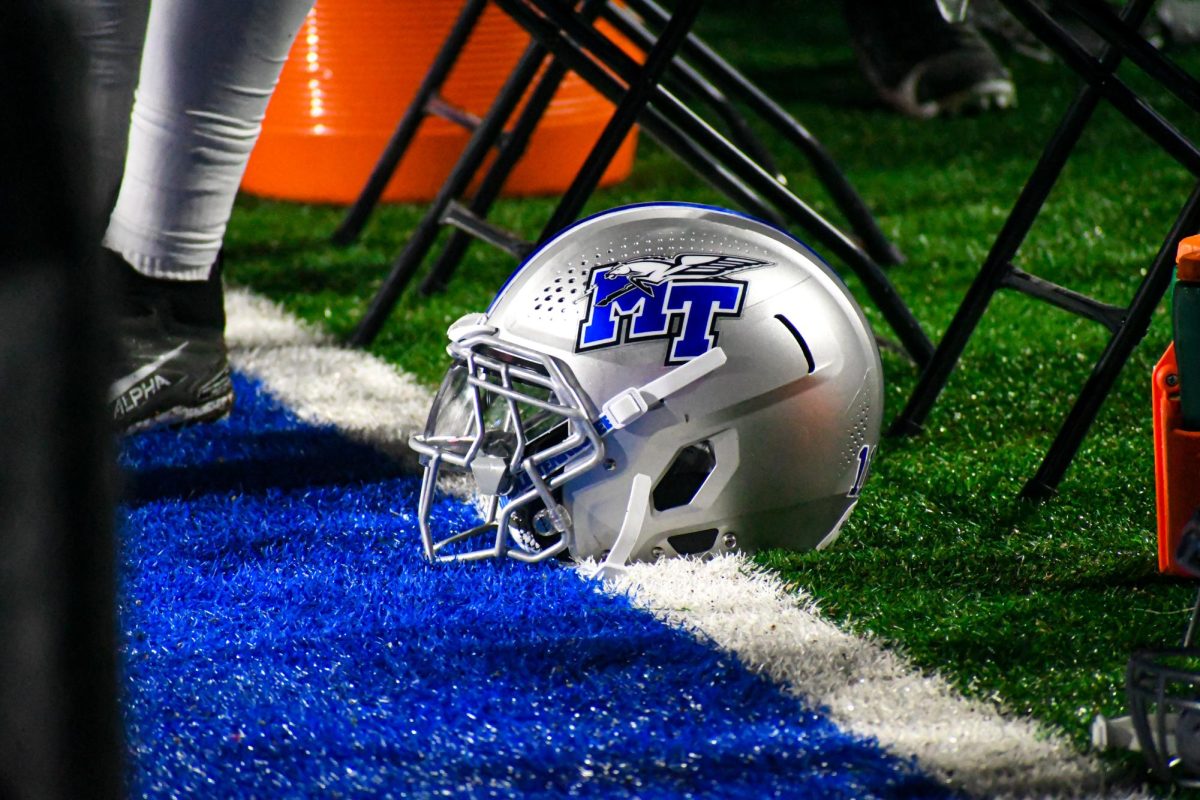 An MTSU helmet on the sideline during a matchup with Marshall, at Floyd Stadium on Sept. 20, 2025.