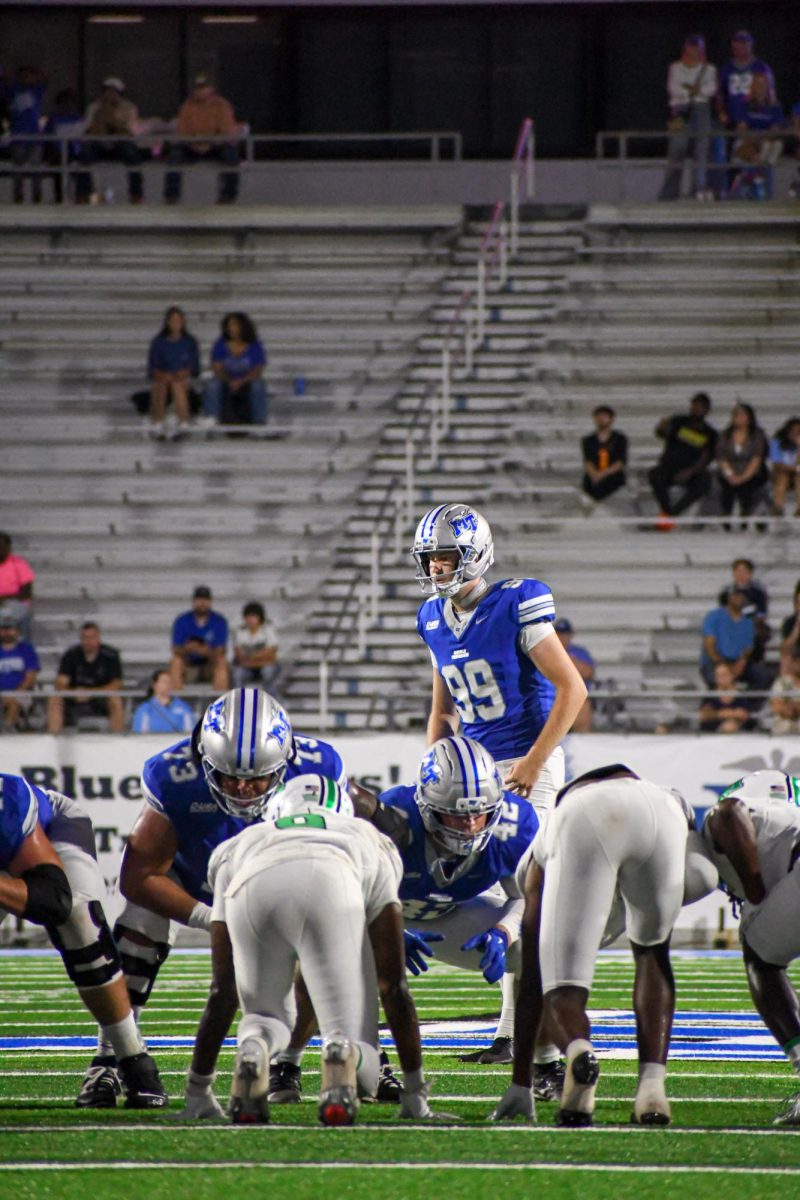 MTSU's Jacob Hathaway lines up for a field goal against Marshall, at Floyd Stadium on Sept. 20, 2025.
