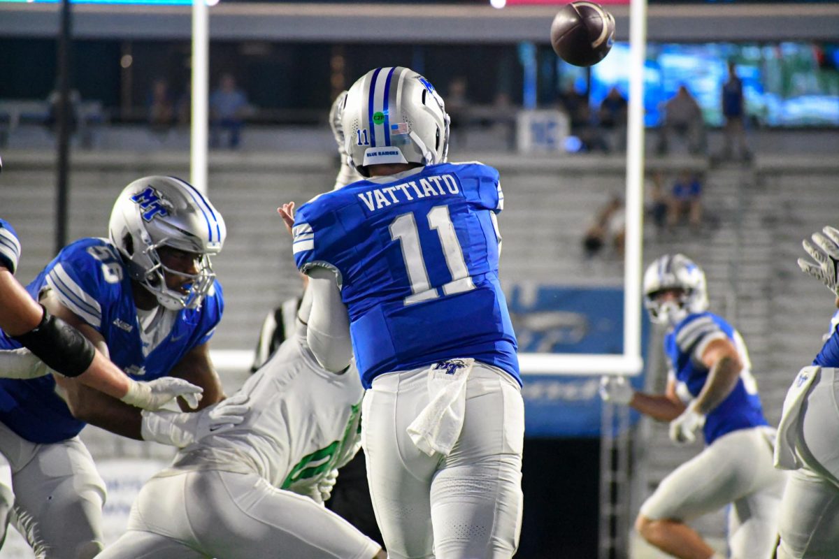 MTSU's Nick Vattiato throws a pass against Marshall, at Floyd Stadium on Sept. 20, 2025.