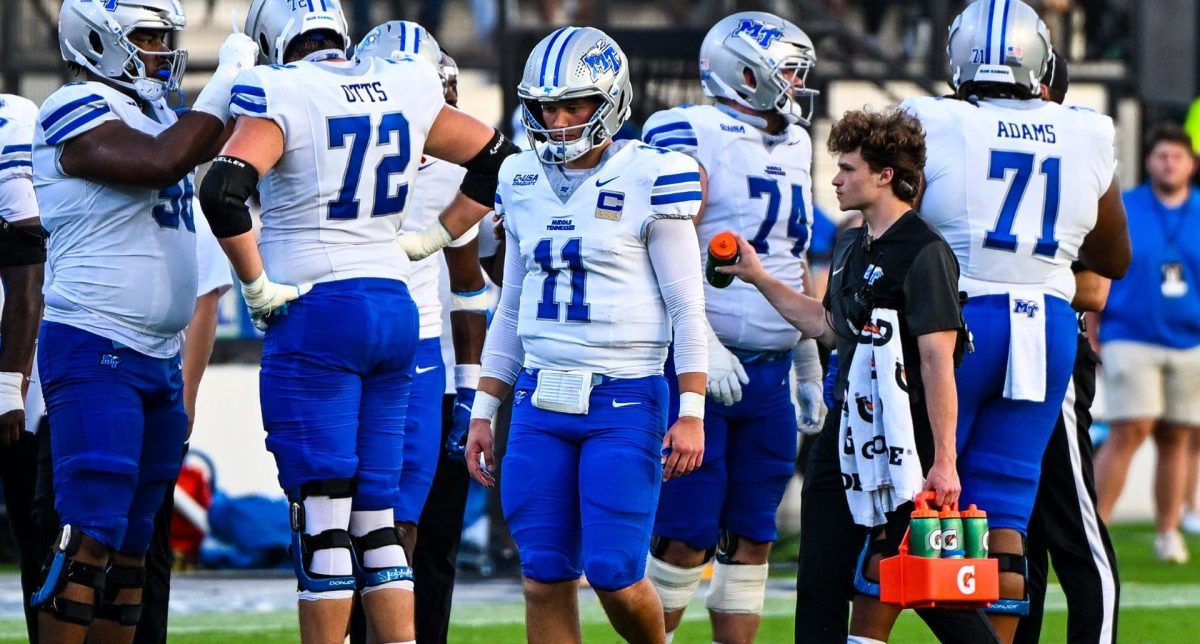 Quarterback Nick Vattiato walks off the field during an MTSU timeout against Kennesaw State at Fifth Third Stadium on Sept. 27, 2025.