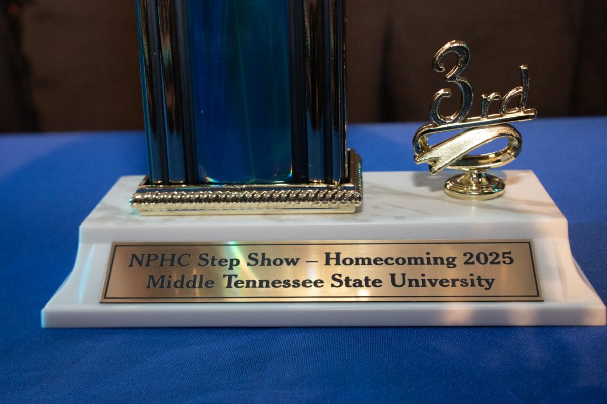 NPHC step show trophy sits in the Student Union Ballroom on Sept. 19, 2025. The winning team from Friday's show will represent their chapter at regionals later this year.