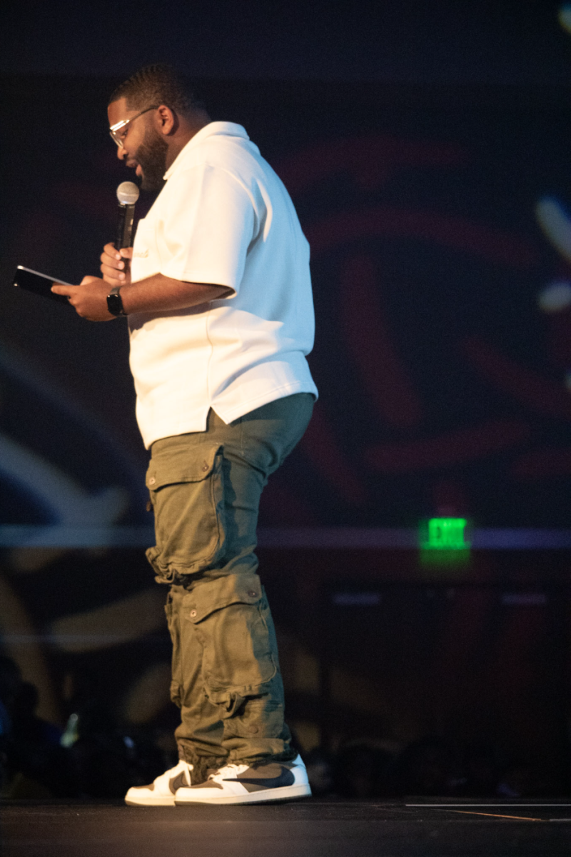 Michai Mosby, MTSU Student Government Association's president from 2024 to 2025, emcees the 2025 MTSU NPHC step show in the Student Union Ballroom on Sept. 19, 2025.